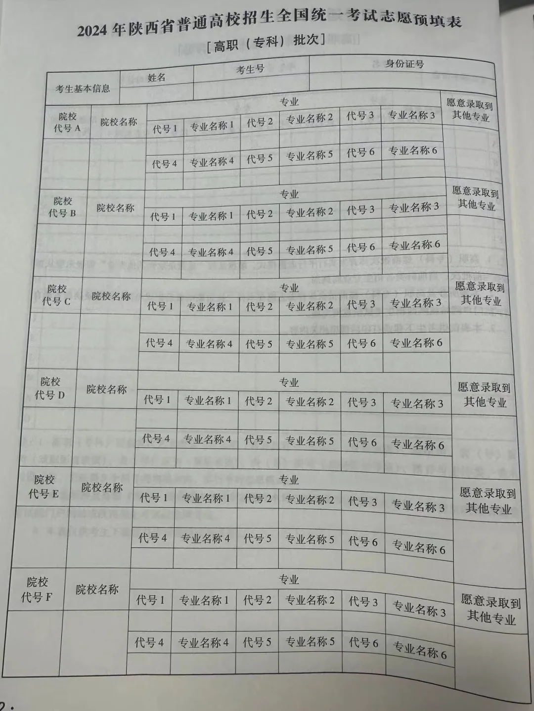 陕西2024志愿填报草表